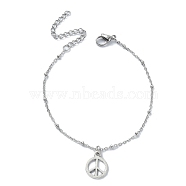 Alloy Peace Sign Charm Bracelet, 304 Stainless Steel Satellite Chains, Stainless Steel Color, 9-3/8 inch(23.8cm)(BJEW-JB09785)