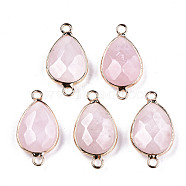Natural Rose Quartz Links Connectors, with Light Gold Tone Brass Findings, Faceted Teardrop, 27x14x6mm, Hole: 2mm(G-T131-49K)