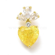 Brass Micro Pave Clear Cubic Zirconia Pendants, with Glass, Heart Charms, Real 18K Gold Plated, Yellow, 24.5x13x12mm, Hole: 6x4mm(KK-I695-070G-02)
