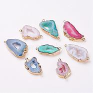 Electroplate Natural Druzy Geode Quartz Crystal Links connectors, with Brass Findings, Nuggets, Golden, Mixed Color, 22~45x10~35x4~5.5mm, Hole: 2mm(G-K189-04)