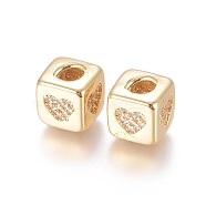 Brass Micro Pave Cubic Zirconia Beads, Long-Lasting Plated, Cube with Heart Pattern, Golden, Clear, Golden, 10x8x8.5mm, Hole: 1.5x3.5mm and 4mm(X-ZIRC-G162-16G-04)