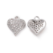 Brass Micro Pave Cubic Zirconia Charms, with Jump Rings, Heart Charm, Platinum, 10x9x2.5mm, Hole: 1.2mm(KK-E068-VF179)