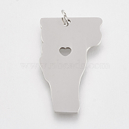 201 Stainless Steel Pendants, Map of Vermont, Stainless Steel Color, 30x18x1mm, Hole: 3mm(STAS-T038-69)