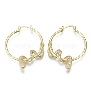Brass Micro Pave Cubic Zirconia Hoop Earrings, Nickel Free, Snake, Real 16K Gold Plated, Clear, 45.5x37x4mm, Pin: 1mm(KK-R137-025-NF)