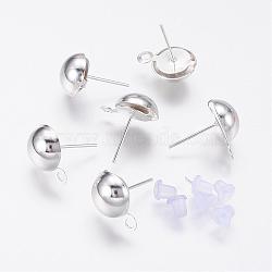 Iron Stud Earring Findings, with Loop and Plastic Ear Nuts/Earring Backs, Silver, 8mm, Hole: 1mm, Pin: 0.7mm(IFIN-F136-8mm-08S)