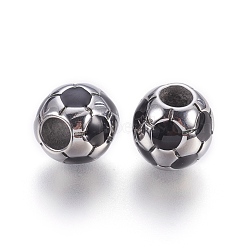 304 Stainless Steel Enamel European Beads, Large Hole Beads, FootBall/Soccer Ball, Black, Stainless Steel Color, 12.5x12mm, Hole: 5mm(STAS-F195-126P)