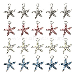 20Pcs 4 Colors Alloy Pendants, with Rhinestone, Starfish Charms, Platinum, Mixed Color, 16.7x14mm, 5pcs/color(FIND-YW0012-38)