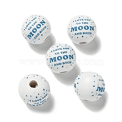 Printed Wood European Beads, Round with Word Pattern, Steel Blue, 15.5~16mm, Hole: 4~4.5mm(WOOD-G022-20A)