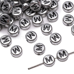 50Pcs Silver Plating Acrylic Beads, Alphabet Beads, Flat Round with Letter, Letter M, 7x4mm, Hole: 1mm(PW-WG2E8AD-14)