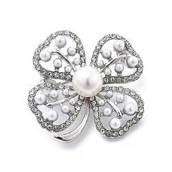 Alloy Brooch, with Rhinestone and ABS Imitation Pearl, Flower, Platinum, 37x37mm(JEWB-C037-25P)