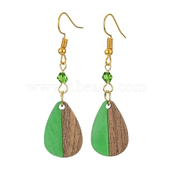 Resin & Walnut Wood Teardrop Dangle Earrings, Glass Beaded Long Drop Earrings with Iron Pins, Green, 54x14.5mm(EJEW-JE05445-02)