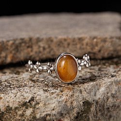 925 Sterling Silver with Natural Tiger Eye Finger Rings, Antique Silver, Oval, Inner Diameter: 20mm(WGB2E64-32)