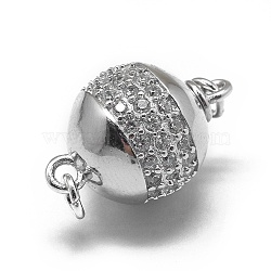 Rhodium Plated 925 Sterling Silver Box Clasps, with 925 Stamp, with Cubic Zirconia, Round, Clear, Platinum, 18x12mm, Hole: 1.6mm(STER-L057-008C)