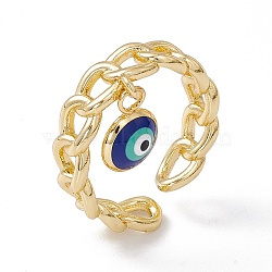 Enamel Evil Eye Charm Open Cuff Ring with Enamel, Real 18K Gold Plated Brass Jewelry for Women, Lead Free & Cadmium Free, Dark Blue, US Size 7 1/4(17.5mm)(RJEW-I086-06G-04)