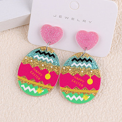 Easter Acrylic Dangle Stud Earrings, Egg with Pattern, with Glitter Powder, Colorful, 49x27mm(FS-WG2A187-01)