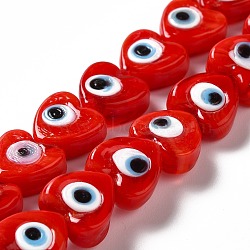 Handmade Evil Eye Lampwork Beads Strands, Heart, Red, 12x12x6mm, Hole: 1.4mm, about 33pcs/strand, 14.37''~14.57''(36.5~37cm)(LAMP-E023-07B-02)