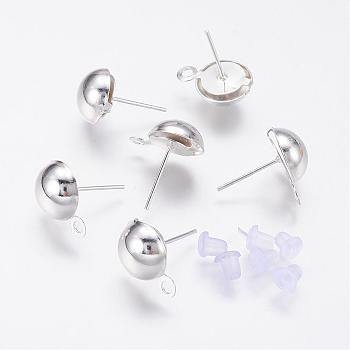 Iron Stud Earring Findings, with Loop and Plastic Ear Nuts/Earring Backs, Silver, 8mm, Hole: 1mm, Pin: 0.7mm