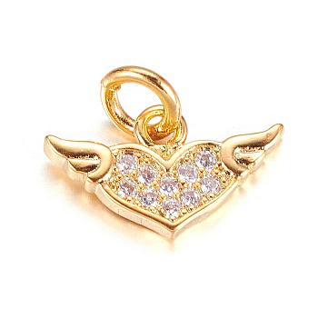 Brass Micro Pave Cubic Zirconia Charms, Heart with Wing, Golden, 8x14x1.5mm, Hole: 3mm