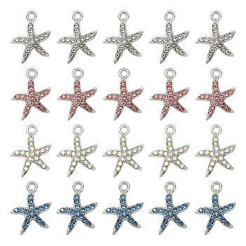 20Pcs 4 Colors Alloy Pendants, with Rhinestone, Starfish Charms, Platinum, Mixed Color, 16.7x14mm, 5pcs/color