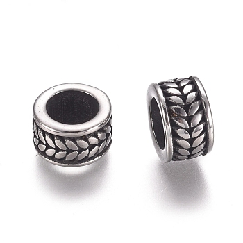 304 Stainless Steel Beads, Column with Wheat, Antique Silver, 9.5x6mm, Hole: 6.5mm