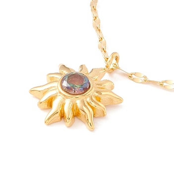 Cubic Zirconia Sun Pendant Necklace, 304 Stainless Steel for Women, Golden, 15.94 inch(40.5cm)