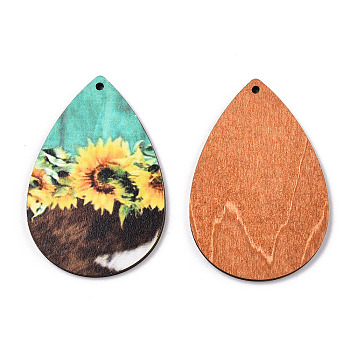 Single Face Sunflower Printed Wood Big Pendants, Teardrop Charm, Turquoise, Sunflower Pattern, 60x40x3mm, Hole: 2mm