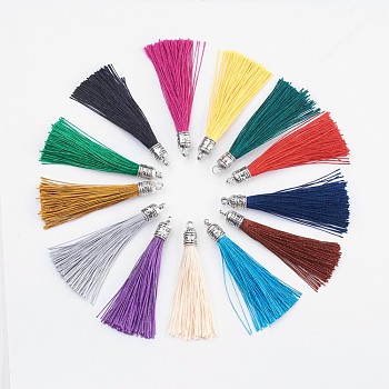 Nylon Tassels Big Pendant Decorations, with Antique Silver Alloy Findings, Mixed Color, 55~67x7mm, Hole: 2mm