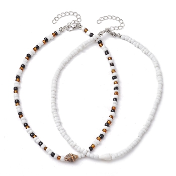 Natural Shell Necklaces for Women, with Glass Seed Bead, Mixed Color, 13.70~13.78 inch(34.8~35cm), 2pcs/set