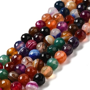 Natural Striped Agate/Banded Agate Beads Strands, Dyed & Heated, Faceted Round, Colorful, 8mm, Hole: 1mm, about 46pcs/strand, 14.69~15.16''(37.3~38.5cm)