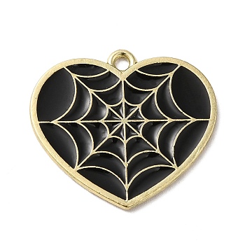Alloy Enamel Pendants, Golden, Heart with Spider Web Charm, Black, 22x25x1mm, Hole: 2mm