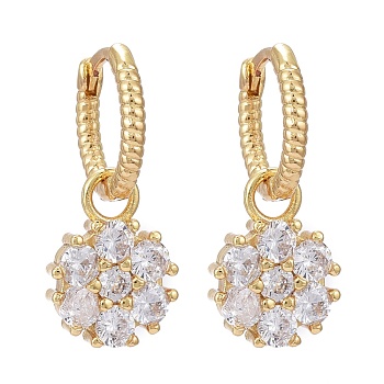 Brass Micro Pave Cubic Zirconia Huggie Hoop Earrings, Long-Lasting Plated, Flower, Clear, Real 18K Gold Plated, 24mm, Pin: 0.8mm