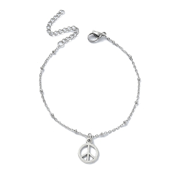 Alloy Peace Sign Charm Bracelet, 304 Stainless Steel Satellite Chains, Stainless Steel Color, 9-3/8 inch(23.8cm)