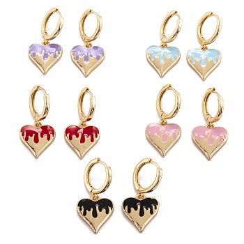 Brass Enamel Huggie Hoop Earrings, Long-Lasting Plated, Heart, Golden, Mixed Color, 30mm, Pin: 1mm