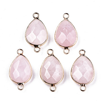 Natural Rose Quartz Links Connectors, with Light Gold Tone Brass Findings, Faceted Teardrop, 27x14x6mm, Hole: 2mm