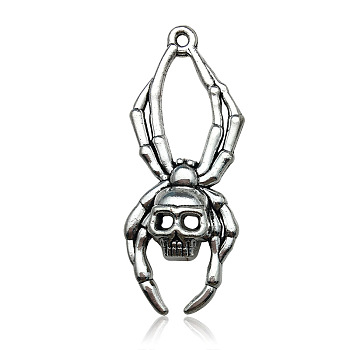 Halloween Theme Tibetan Style Alloy Pendants, Antique Silver, Spider, 38x14mm
