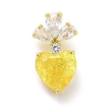 Brass Micro Pave Clear Cubic Zirconia Pendants, with Glass, Heart Charms, Real 18K Gold Plated, Yellow, 24.5x13x12mm, Hole: 6x4mm