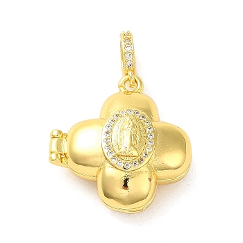 Brass Micro Pave Clear Cubic Zirconia Pendants, Real 16K Gold Plated, Clover, 23.5x22.5x11mm, Hole: 5mm