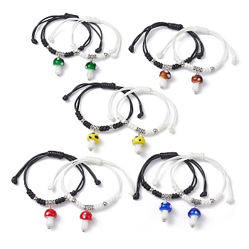 2Pcs 2 Color Mushroom Lampwork Charm Bracelets Set, Polyester Cord Braided Adjustable Bracelets, Mixed Color, Inner Diameter: 7/8~4-1/8 inch(10.6cm), 1Pc/color