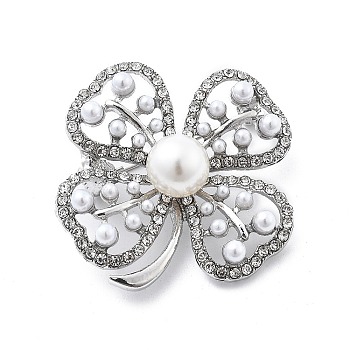 Alloy Brooch, with Rhinestone and ABS Imitation Pearl, Flower, Platinum, 37x37mm