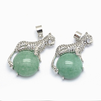 Natural Green Aventurine Pendants, with Alloy Findings, Leopard, Platinum, 33.5x20x7mm, Hole: 4x6mm