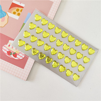 Acrylic Rhinestone Self-Adhesive Stickers, Waterproof Bling Faceted Heart Crystal Decals for Party Decorative Presents, Kid's Art Craft, Yellow, Heart: 12mm, about 36pcs/sheet