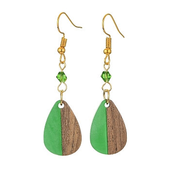 Resin & Walnut Wood Teardrop Dangle Earrings, Glass Beaded Long Drop Earrings with Iron Pins, Green, 54x14.5mm