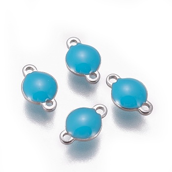 304 Stainless Steel Enamel Links connectors, Enamelled Sequins, Flat Round, Stainless Steel Color, Deep Sky Blue, 9.5x6x3.5mm, Hole: 1.2mm
