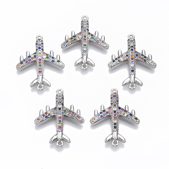 Brass Micro Pave Cubic Zirconia Airliner Links connectors, Passenger Airplane, Colorful, Platinum, 24x19x3.5mm, Hole: 1mm