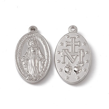 201 Stainless Steel Pendants, Oval with Saint Charm, Stainless Steel Color, 27.5x16x3.5mm, Hole: 2mm