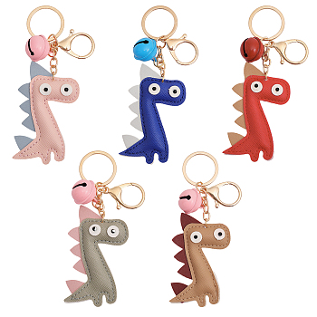 5Pcs 5 Colors Cartoon Cute Bell Dinosaur Keychain, PU Leather Bag Pendant Car Key Ring Hanging Decoration Accessories, Mixed Color, 13.3cm, 1pc/color