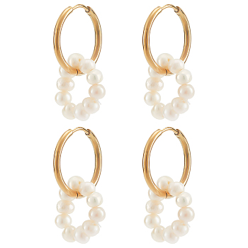 2 Pairs Natural Pearl Beaded Ring Dangle Hoop Earrings for Girl Women, Golden, 33mm, Pin: 1mm