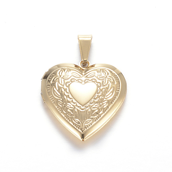 Ion Plating(IP) 316 Surgical Stainless Steel Locket Pendants, Heart, Real 18k Gold Plated, 29x29x7mm, Hole: 9x5mm, Inner: 21x17mm