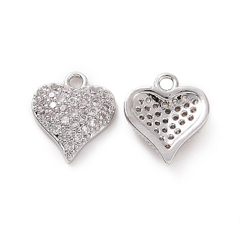 Brass Micro Pave Cubic Zirconia Charms, with Jump Rings, Heart Charm, Platinum, 10x9x2.5mm, Hole: 1.2mm