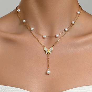 Double-layer Imitation Pearl Necklaces, Butterfly Pendant Necklaces for Women